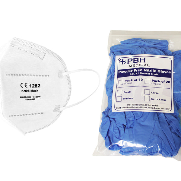 FFP2 Face Mask & Disposable Gloves Kit - Pack of 2 Masks and 20 Nitrile Gloves
